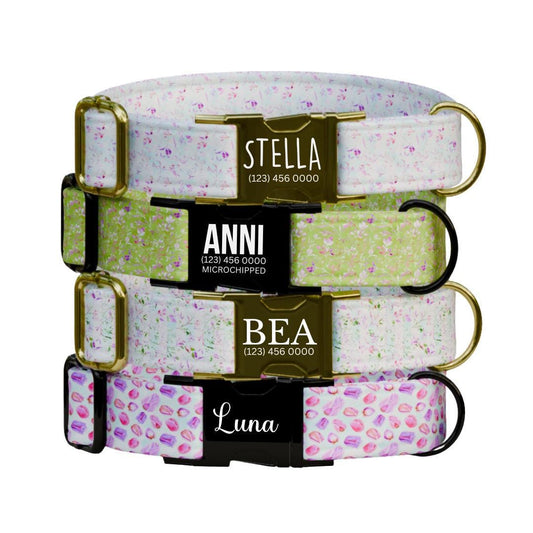 Personalized Pastel Floral Dog Collar for Girls with Name Engraved Soft Floral Dog Tag Adjustable Collar & Leash Set Gift for Dog (OG-216)
