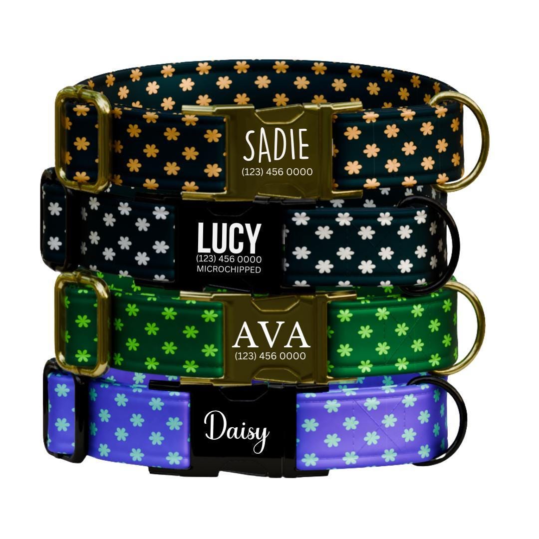 Personalized Daisy Dog Collar for Girls with Name Engraved Cute Flower Print Tag Collar Dogs Adjustable Collar & Leash Set Dog Gift (OG-273)