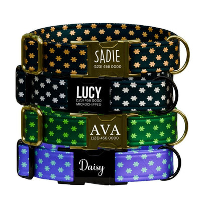 Personalized Daisy Dog Collar for Girls with Name Engraved Cute Flower Print Tag Collar Dogs Adjustable Collar & Leash Set Dog Gift (OG-273)