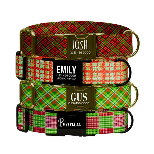Personalized Holiday Houndstooth Plaid Dog Collar Custom Name Free Engraved Buckle Festive Plaid Tartan Style Collar Gift for Dogs (OG-210)