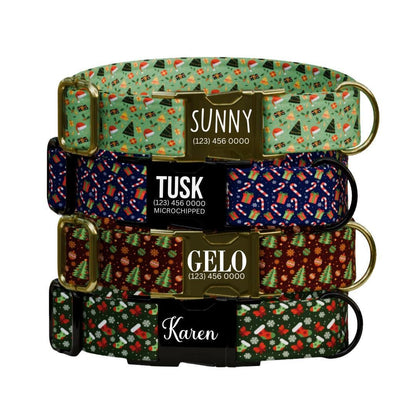 Personalized Christmas Dog Collar Custom Name Tag Holiday Pet Collar with Metal Buckle Durable D-Ring & Festive Print Gift for Dogs (OG-231)