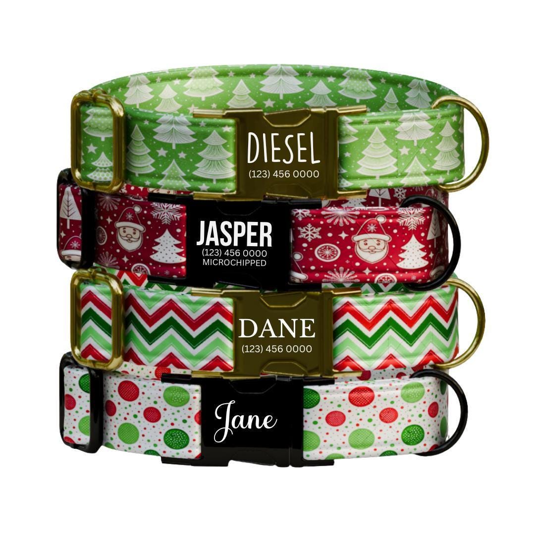 Personalized Christmas Dog Collar Custom Name Tag Festive Holiday Dog Collar with Metal Buckle & Adjustable Fit Christmas Dog Tag (OG-282)