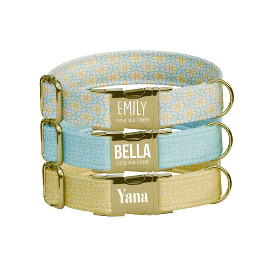 Personalized Geometric Pastel Dog Collar with Name Engraved Cute and Soft Adjustable Collar & Leash Set Black Gold Buckle Dog Gift (OG-152)
