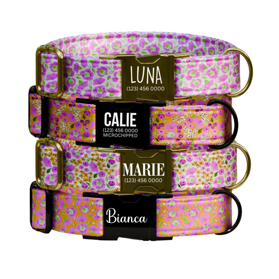 Personalized Floral Dog Collar for Girls with Name Engraved Cute Bright Flower Name ID Adjustable Collar & Leash Set Gift for Dog (OG-251)