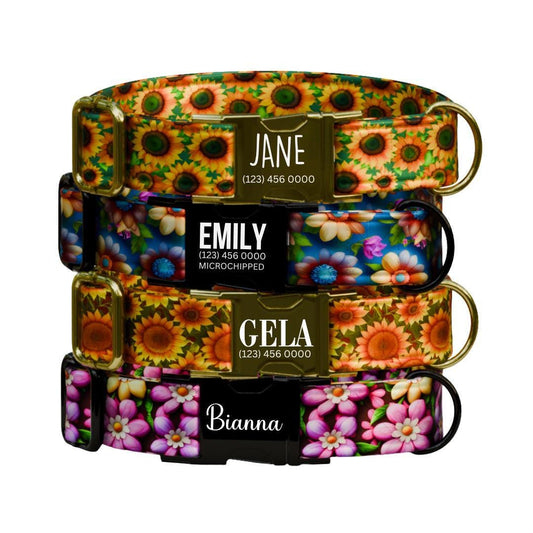 Personalized Sunflower Garden Dog Collar for Girls with Name Engraved Custom Name Tag Collar for Dogs Bright Floral Dog Gift  (OG-279)