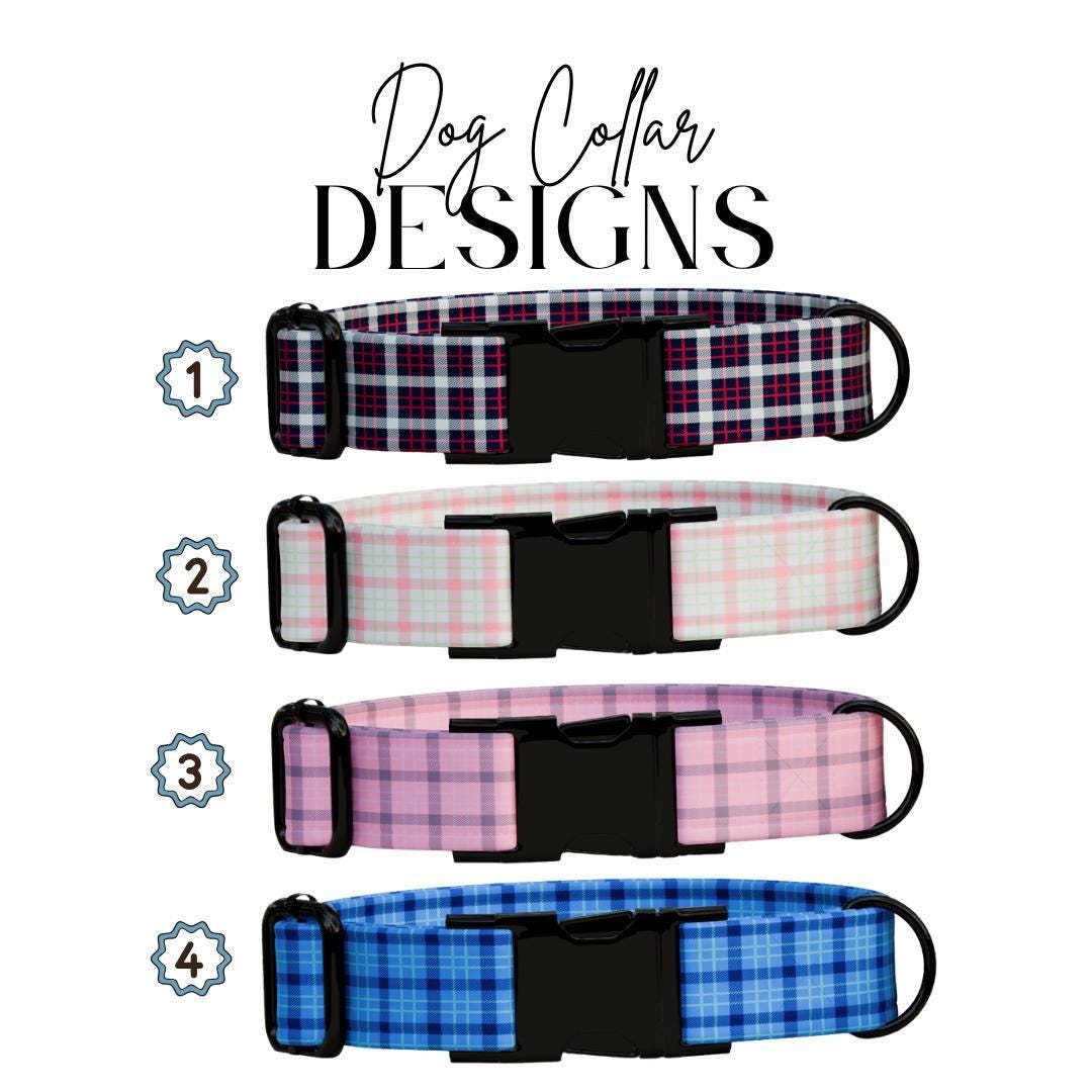 Personalized Gingham Dog Collar with Name Engraved Custom Tag Collar for Pets Collar & Leash Set Stylish Checkered Dog Collar Gift (OG-162)