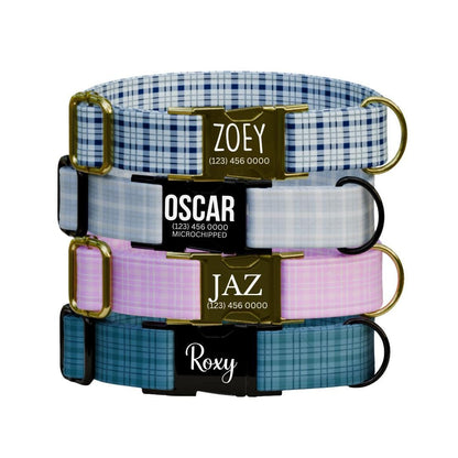 Personalized Gingham Dog Collar with Name Engraved Custom Tag Collar for Pets Collar & Leash Set Stylish Checkered Dog Collar Gift (OG-161)
