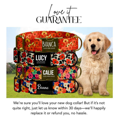 Personalized Floral Dog Collar for Girls with Name Engraved Cute Flower Pattern Name ID Adjustable Collar & Leash Set Gift for Dog (OG-206)