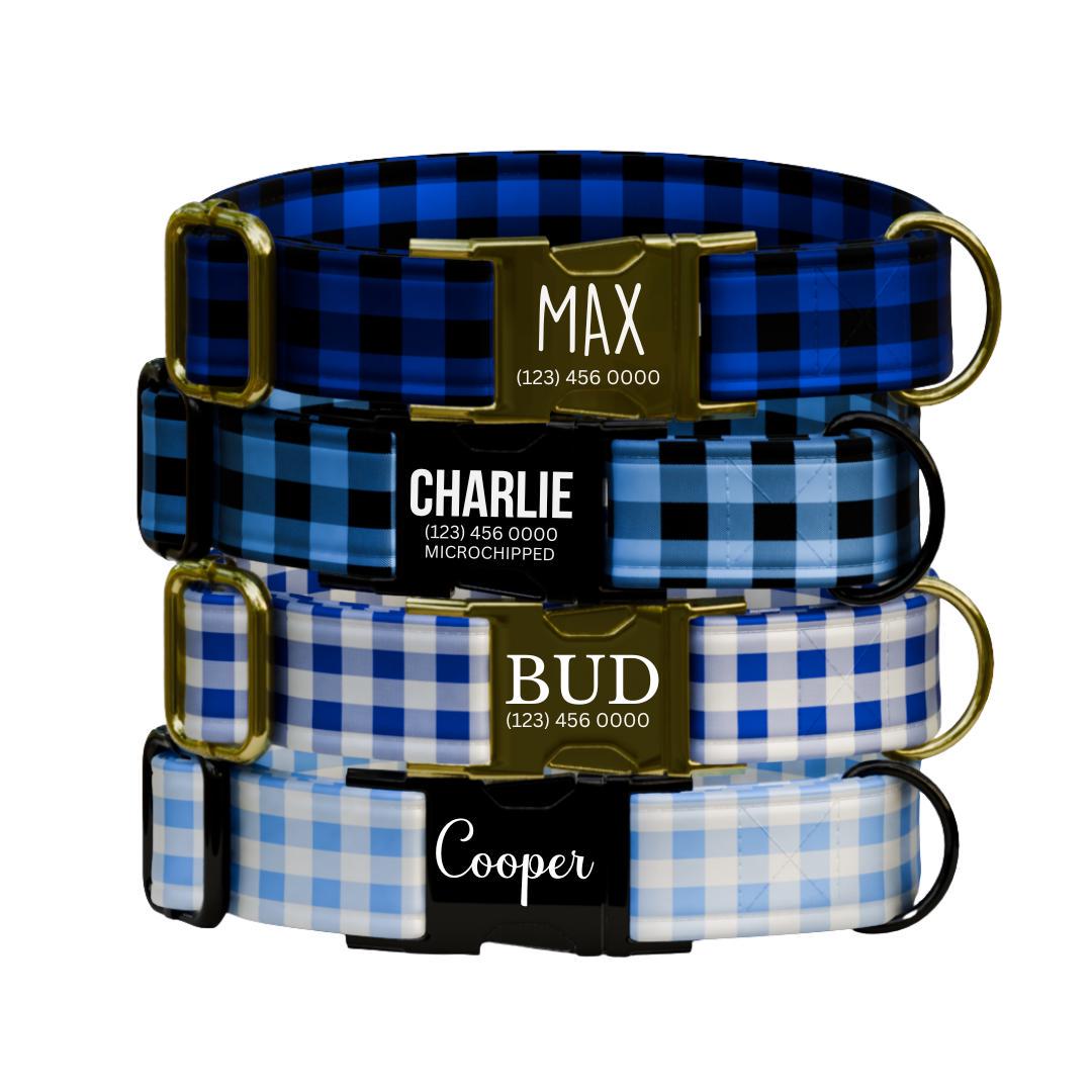 Personalized Blue Plaid Dog Collar with Name Engraved Durable Metal Buckle & D-Ring Cute Tag Classic Plaid Pattern Collar For Dogs (OG-271)