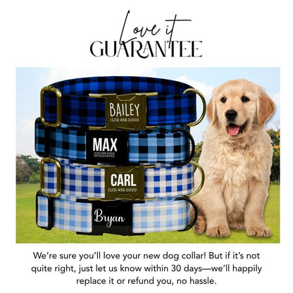 Personalized Blue Plaid Dog Collar with Name Engraved Durable Metal Buckle & D-Ring Cute Tag Classic Plaid Pattern Collar For Dogs (OG-271)