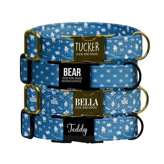 Personalized Christmas Dog Collar with Name Engraved Custom Name Tag Adjustable Collar & Leash Set Blue Winter Snow Dog Leash Gift (OG-227)