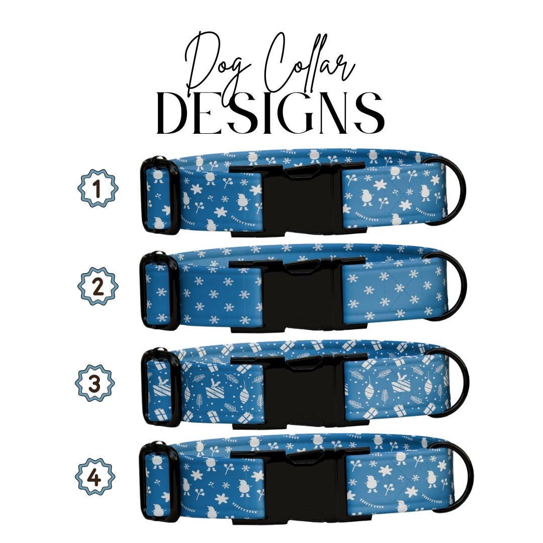 Personalized Christmas Dog Collar with Name Engraved Custom Name Tag Adjustable Collar & Leash Set Blue Winter Snow Dog Leash Gift (OG-227)