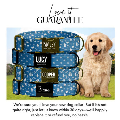 Personalized Christmas Dog Collar with Name Engraved Custom Name Tag Adjustable Collar & Leash Set Blue Winter Snow Dog Leash Gift (OG-227)