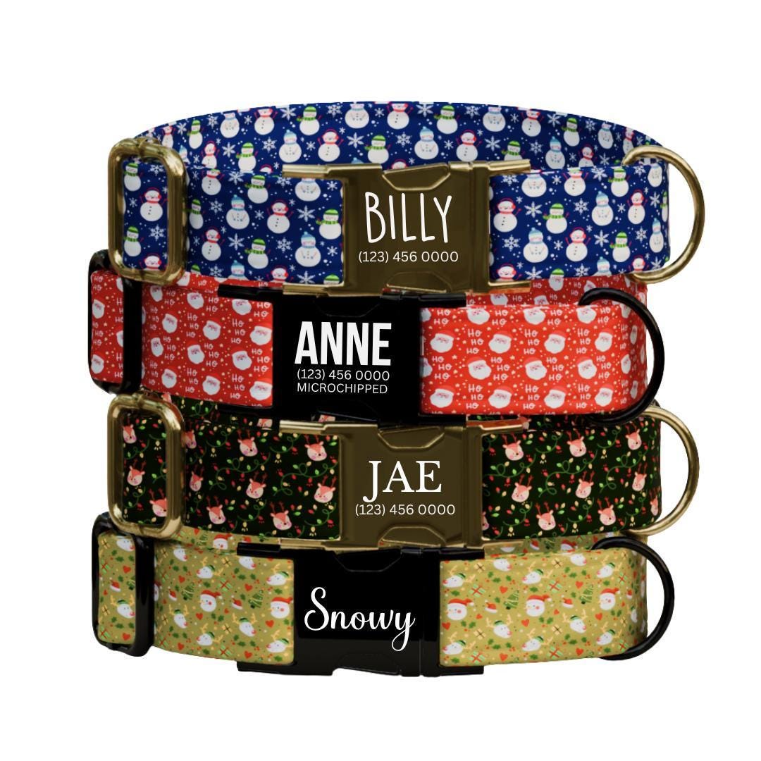 Personalized Christmas Dog Collar Custom Name Tag Holiday Pet Collar with Metal Buckle Durable D-Ring & Festive Print Gift for Dogs (OG-232)