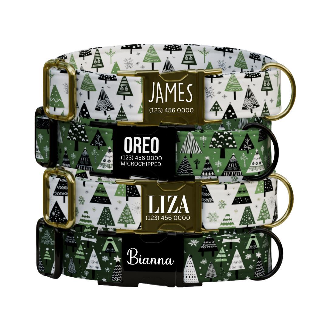 Personalized Christmas Dog Collar with Name Engraved Custom Name Tag Adjustable Collar & Leash Set Festive Tree Collar Gift for Dog (OG-228)