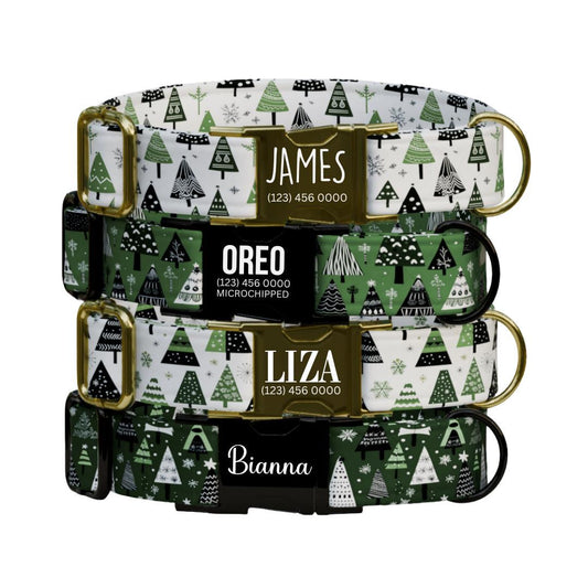 Personalized Christmas Dog Collar with Name Engraved Custom Name Tag Adjustable Collar & Leash Set Festive Tree Collar Gift for Dog (OG-228)