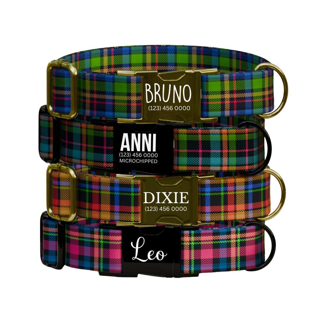 Personalized Plaid Dog Collar with Name Engraved Custom Adjustable Collar Plaid  Dog Collar & Leash Set Plaid Collar Gift for Dogs (OG-204)