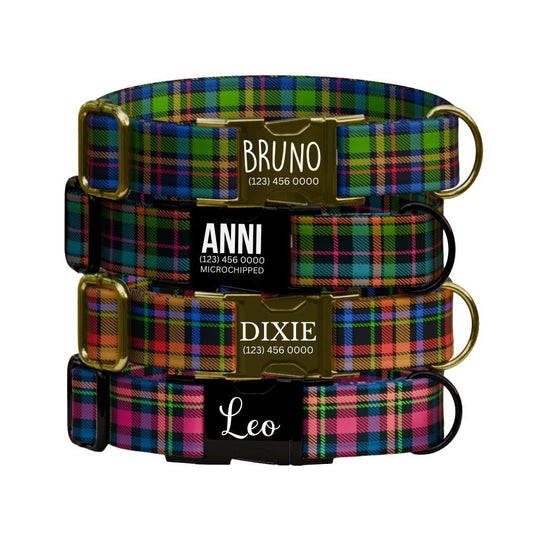 Personalized Plaid Dog Collar with Name Engraved Custom Adjustable Collar Plaid  Dog Collar & Leash Set Plaid Collar Gift for Dogs (OG-204)