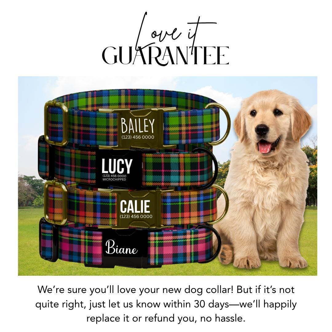 Personalized Plaid Dog Collar with Name Engraved Custom Adjustable Collar Plaid  Dog Collar & Leash Set Plaid Collar Gift for Dogs (OG-204)