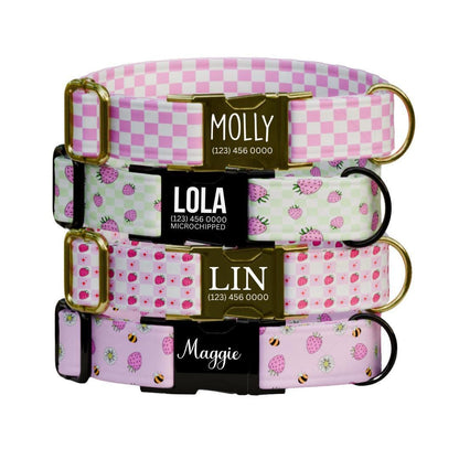 Personalized Strawberry Checkered Dog Collar with Name Engraved Custom Pet Name ID Collar for Dog Collar & Leash Set Pink Dog Gift (OG-191)