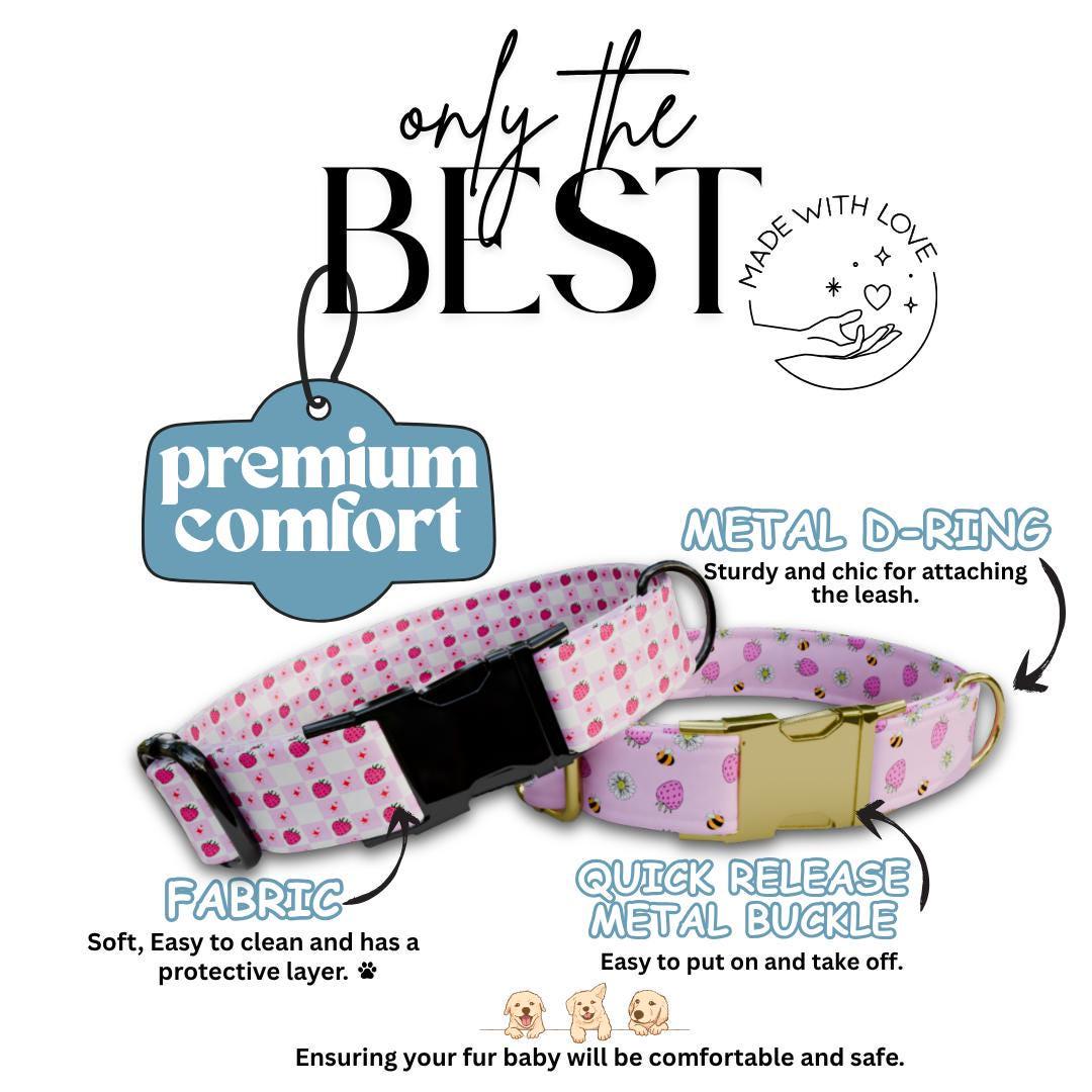 Personalized Strawberry Checkered Dog Collar with Name Engraved Custom Pet Name ID Collar for Dog Collar & Leash Set Pink Dog Gift (OG-191)