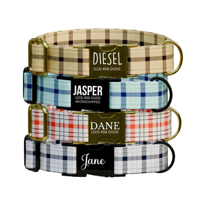 Personalized Plaid Dog Collar with Name Engraved Custom Pet Name ID Collar for Pets Collar & Leash Set Cozy Winter Check Dog Collar (OG-178)