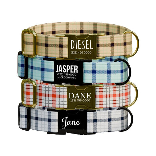 Personalized Plaid Dog Collar with Name Engraved Custom Pet Name ID Collar for Pets Collar & Leash Set Cozy Winter Check Dog Collar (OG-178)