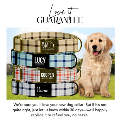 Personalized Plaid Dog Collar with Name Engraved Custom Pet Name ID Collar for Pets Collar & Leash Set Cozy Winter Check Dog Collar (OG-178)