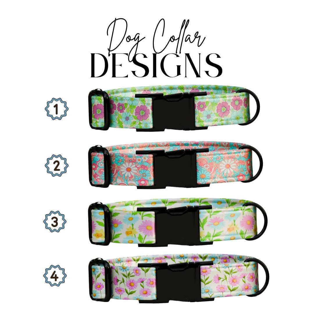 Personalized Floral Dog Collar for Girls with Name Engraved Cute Bright Flower Name ID Adjustable Collar & Leash Set Gift for Dog (OG-261)