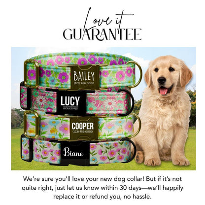 Personalized Floral Dog Collar for Girls with Name Engraved Cute Bright Flower Name ID Adjustable Collar & Leash Set Gift for Dog (OG-261)
