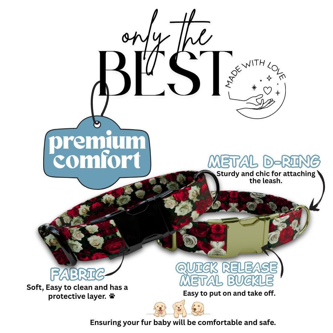 Personalized Rose Dog Collar for Girls with Name Engraved Cute Elegant Floral Print Tag Collar Dogs Adjustable Collar & Leash Set (OG-274)