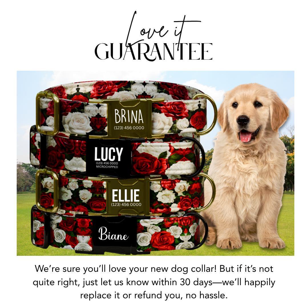 Personalized Rose Dog Collar for Girls with Name Engraved Cute Elegant Floral Print Tag Collar Dogs Adjustable Collar & Leash Set (OG-274)