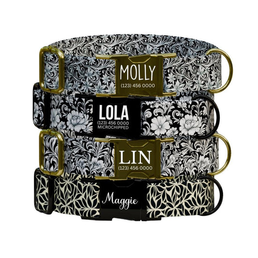 Personalized Black & White Floral Dog Collar with Name Engraved Cute Flower Name Dog ID Adjustable Collar, Leash Set Gift for Dog (OG-207)