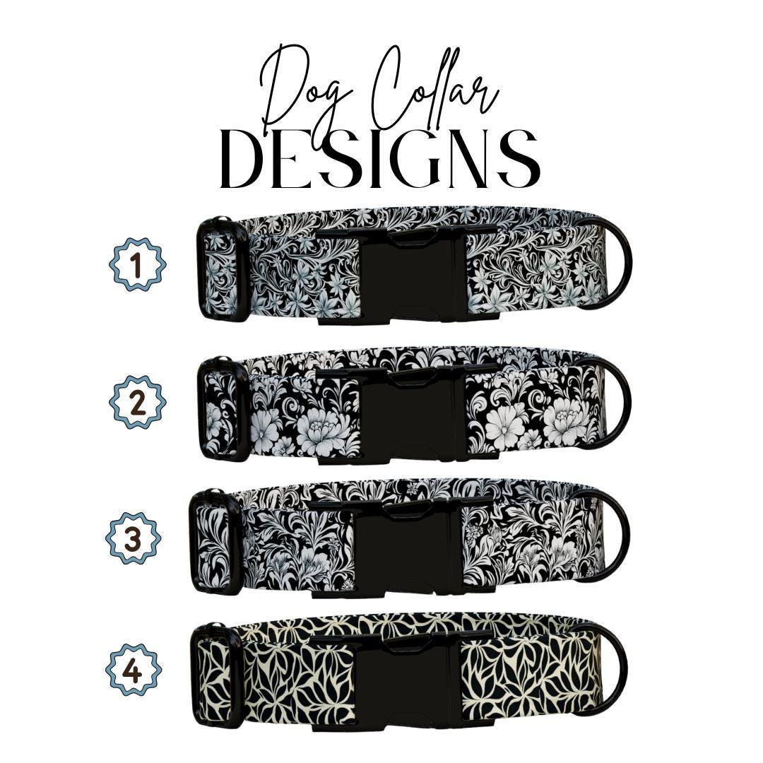 Personalized Black & White Floral Dog Collar with Name Engraved Cute Flower Name Dog ID Adjustable Collar, Leash Set Gift for Dog (OG-207)