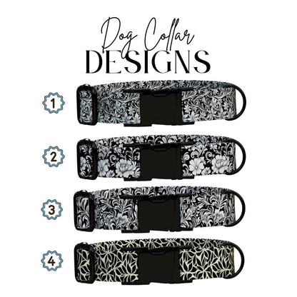 Personalized Black & White Floral Dog Collar with Name Engraved Cute Flower Name Dog ID Adjustable Collar, Leash Set Gift for Dog (OG-207)