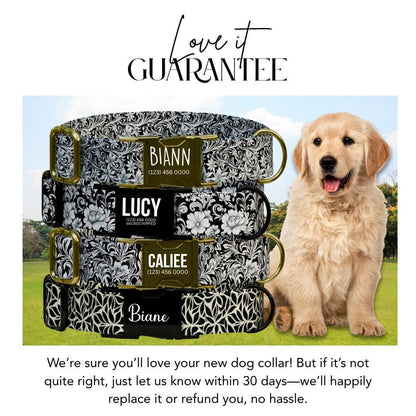 Personalized Black & White Floral Dog Collar with Name Engraved Cute Flower Name Dog ID Adjustable Collar, Leash Set Gift for Dog (OG-207)