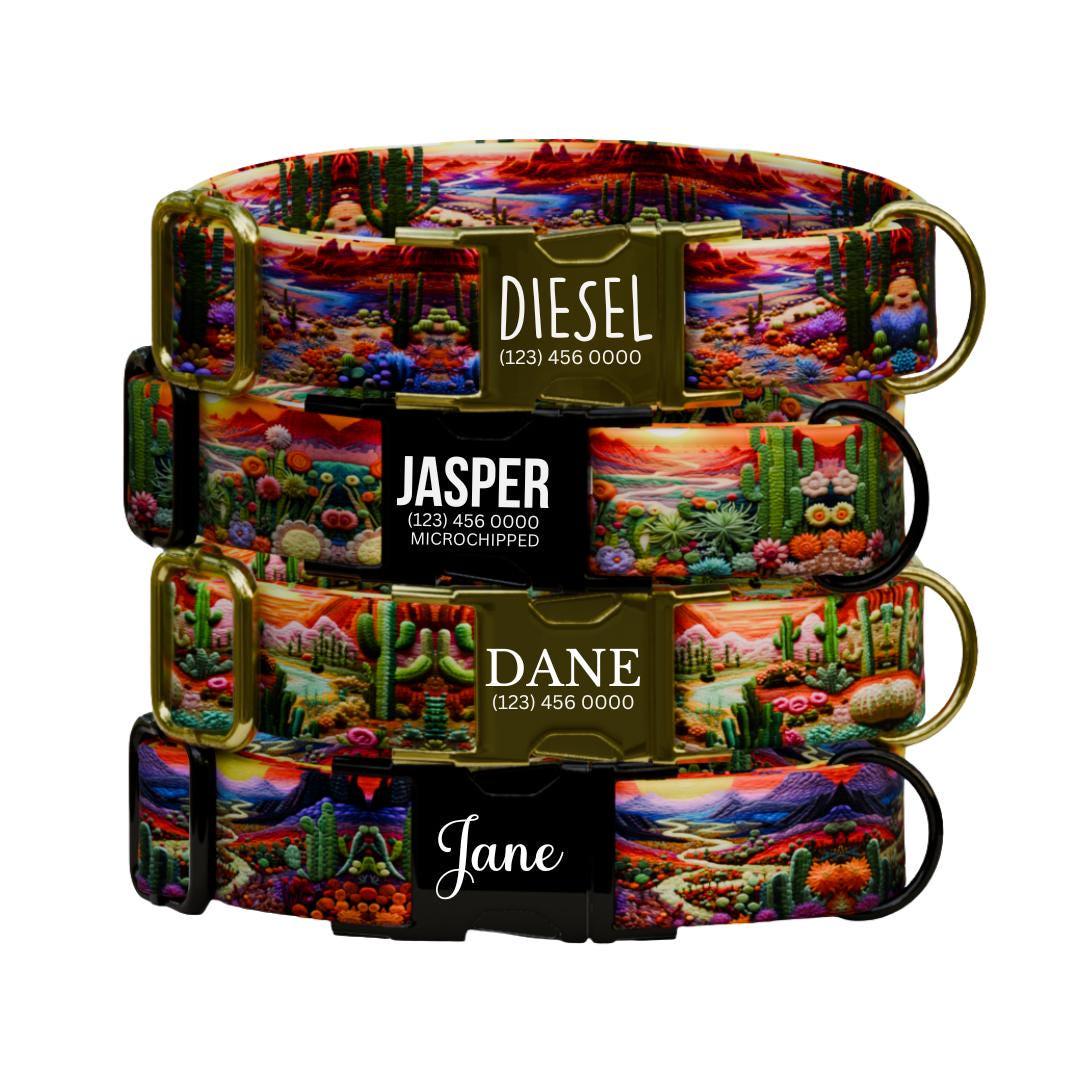 Personalized Desert Vibe Dog Collar with Name Engraved Custom Adjustable Collar Colorful Cactus Dog Collar & Leash Set Gift for Dog (OG-205)