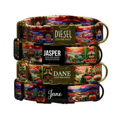 Personalized Desert Vibe Dog Collar with Name Engraved Custom Adjustable Collar Colorful Cactus Dog Collar & Leash Set Gift for Dog (OG-205)