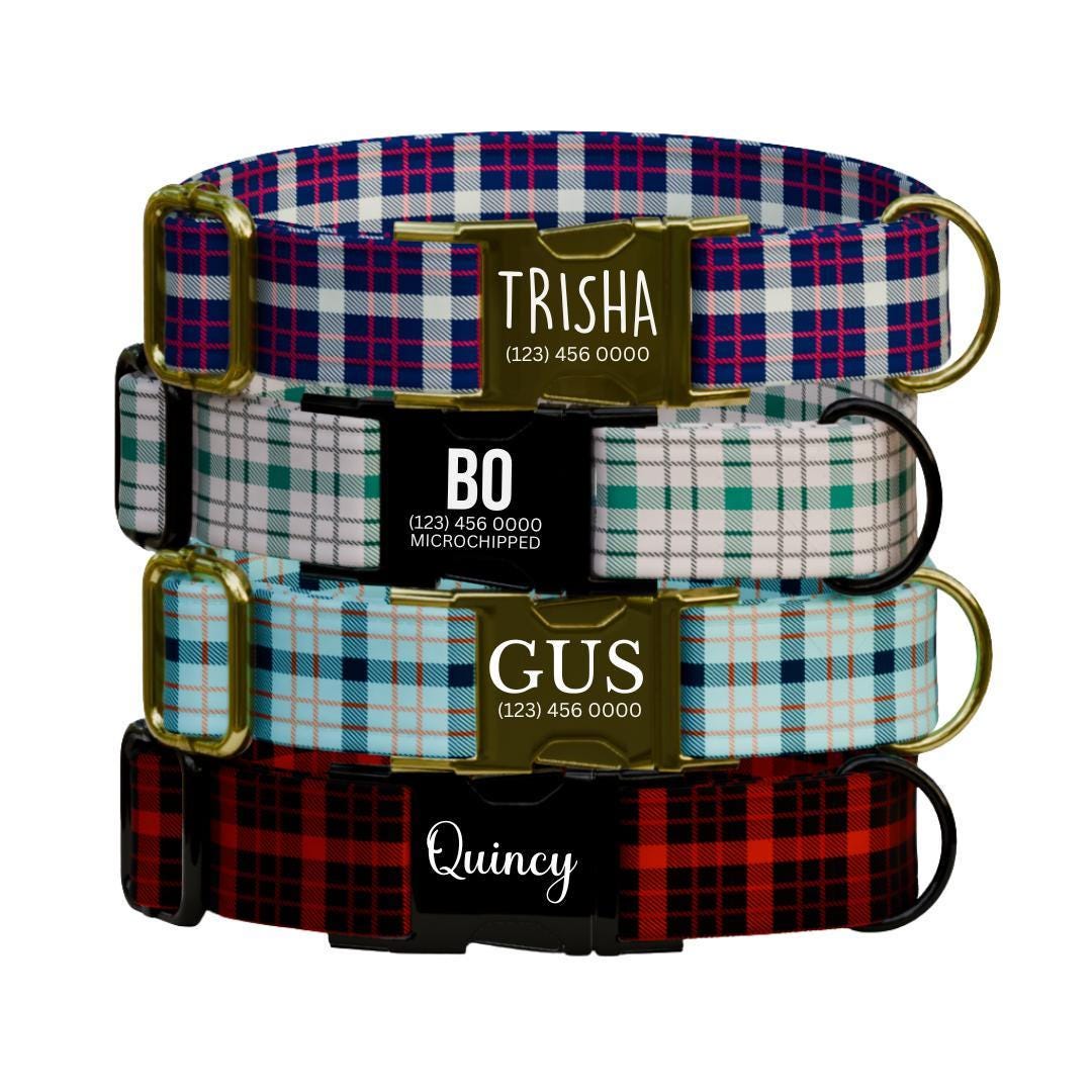 Personalized Plaid Dog Collar with Name Engraved Custom Pet Name ID Collar for Pets Collar & Leash Set Cozy Plaid Check Dog Collar (OG-179)