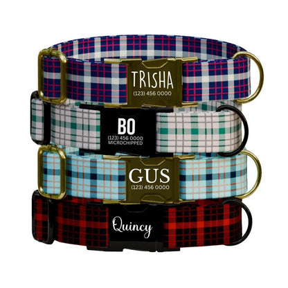 Personalized Plaid Dog Collar with Name Engraved Custom Pet Name ID Collar for Pets Collar & Leash Set Cozy Plaid Check Dog Collar (OG-179)