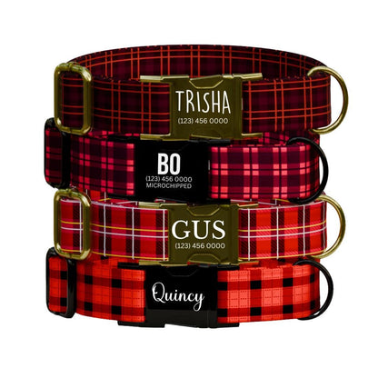 Personalized Plaid Dog Collar with Name Engraved Custom Pet Name ID Collar for Pets Collar & Leash Set Cozy Plaid Check Dog Collar (OG-186)