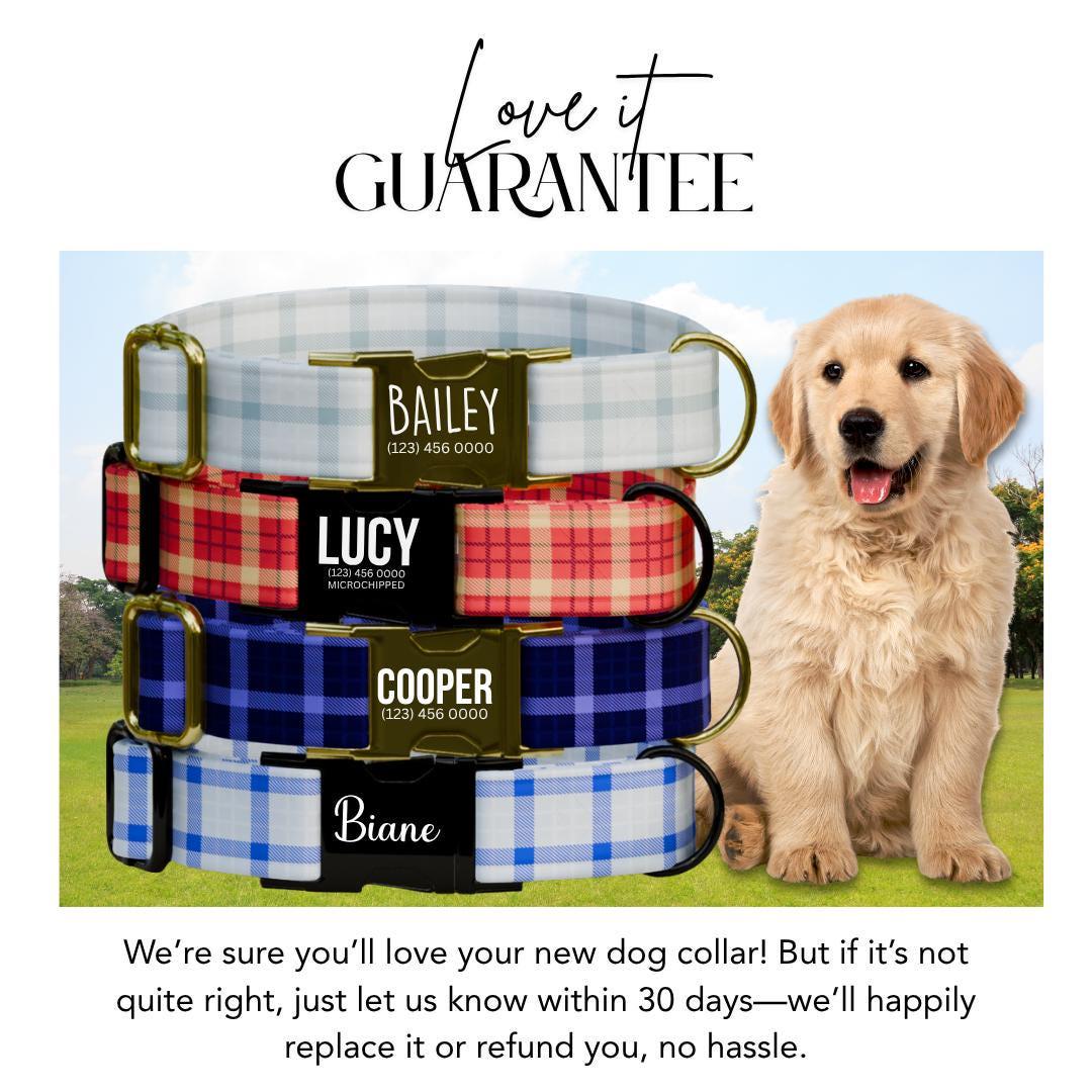 Personalized Plaid Dog Collar with Name Engraved Custom Pet Name ID Collar for Pets Collar & Leash Set Cozy Winter Check Dog Collar (OG-177)