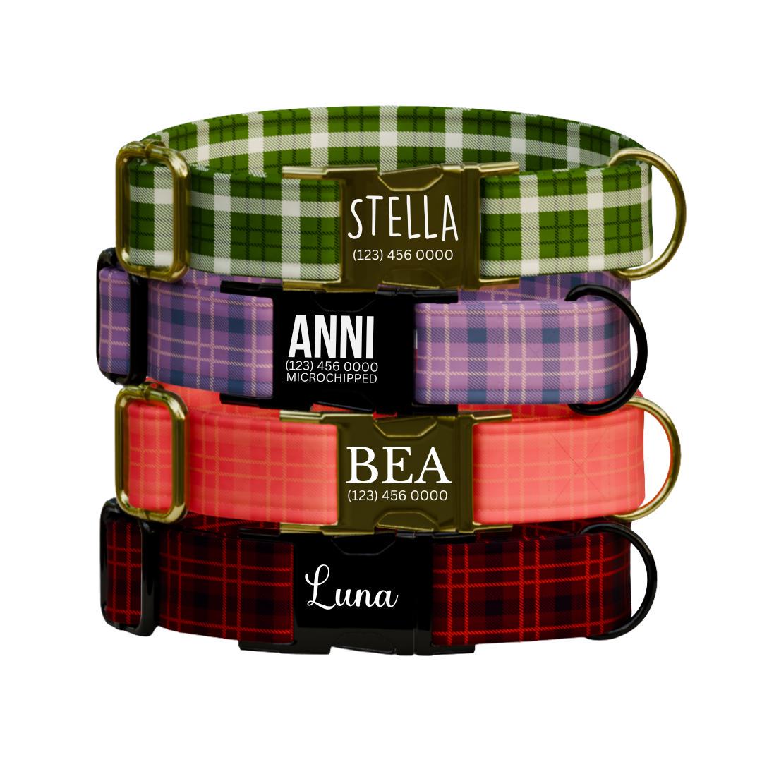 Personalized Gingham Dog Collar with Name Engraved Custom Tag Collar for Pets Collar & Leash Set Stylish Checkered Dog Collar Gift (OG-172)
