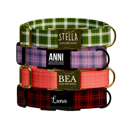 Personalized Gingham Dog Collar with Name Engraved Custom Tag Collar for Pets Collar & Leash Set Stylish Checkered Dog Collar Gift (OG-172)