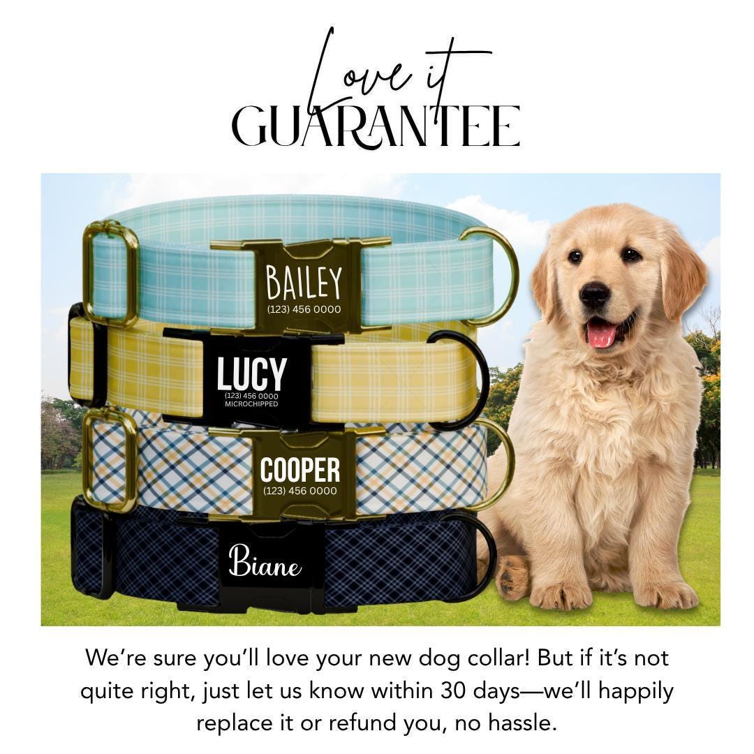 Personalized Plaid Dog Collar with Name Engraved Custom Tag Collar for Pets Collar & Leash Set Plaid Dog Collar Gift for Dog Lovers (OG-157)