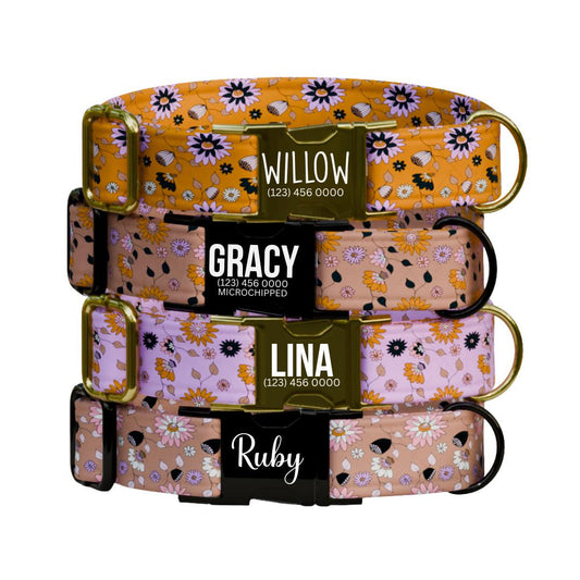 Personalized Floral Dog Collar with Name Engraved Cute and Soft Floral Adjustable Collar & Leash Set Black or Gold Buckle Dog Gift (OG-150)