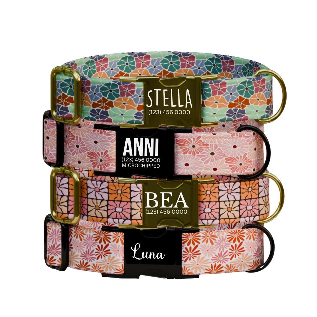 Personalized Floral Dog Collar with Name Engraved Cute and Soft Floral Adjustable Collar & Leash Set Stylish Flower Print Dog Gift (OG-164)