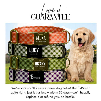 Personalized Gingham Dog Collar with Name Engraved Custom Tag Collar for Pets Collar & Leash Set Stylish Gingham Dog Collar Gift (OG-295)