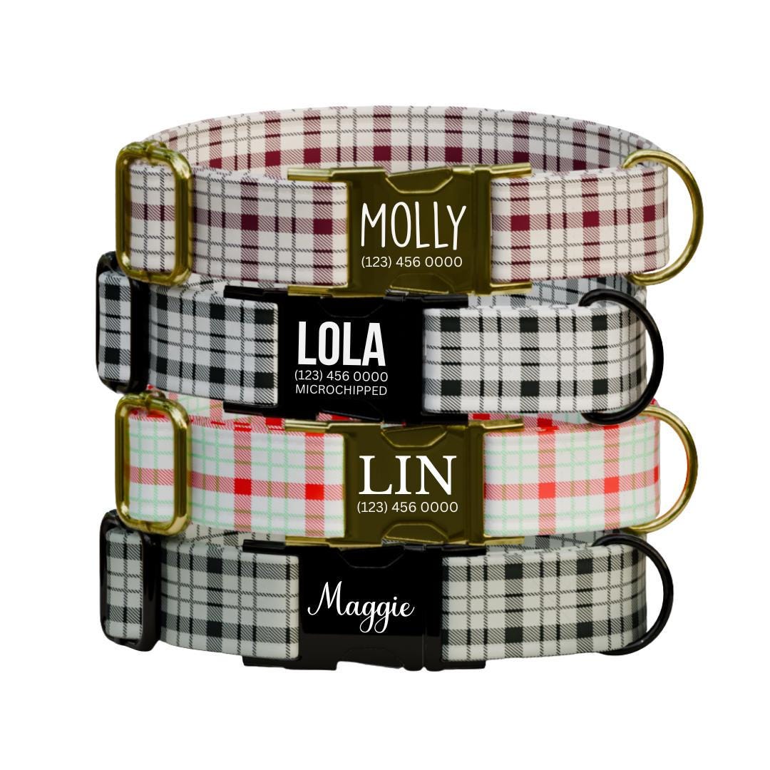 Personalized Plaid Dog Collar with Name Engraved Custom Pet Name ID Collar for Pets Collar & Leash Set Cozy Winter Check Dog Collar (OG-173)