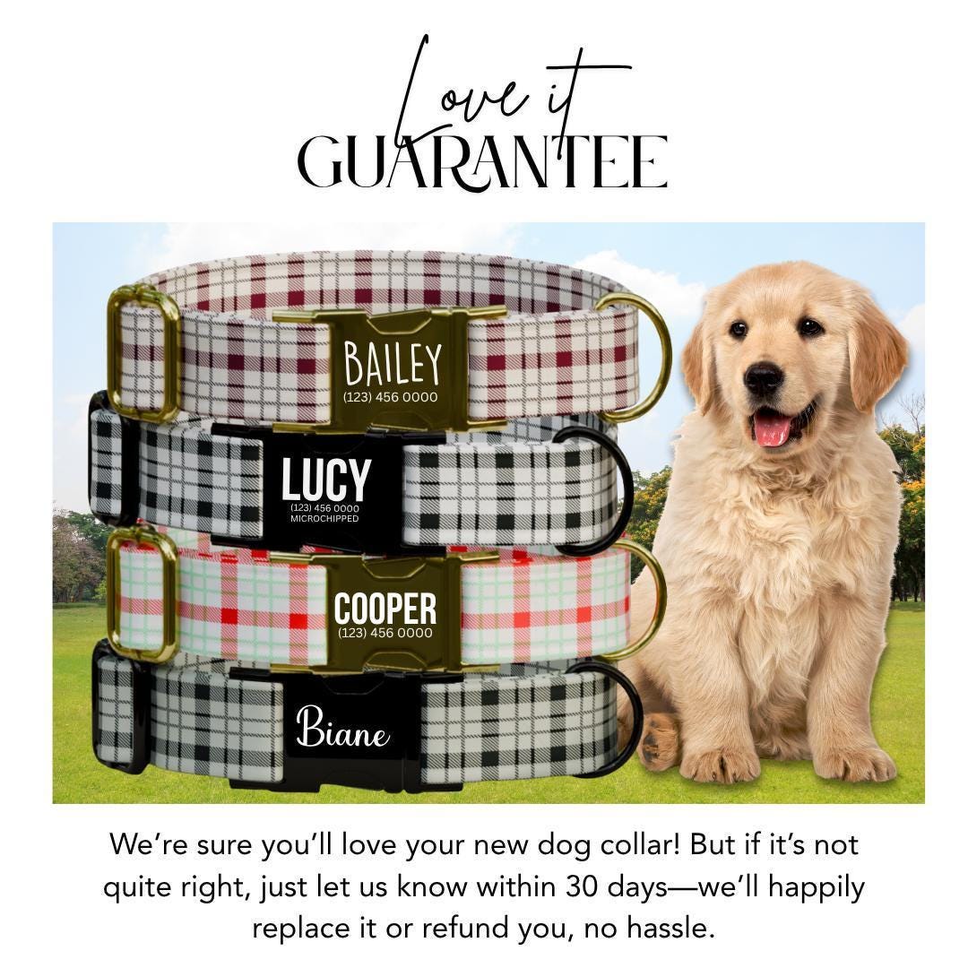 Personalized Plaid Dog Collar with Name Engraved Custom Pet Name ID Collar for Pets Collar & Leash Set Cozy Winter Check Dog Collar (OG-173)